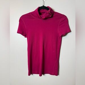 MARC CAIN | Magenta Mock Neck Short Sleeve Top with Button Detail